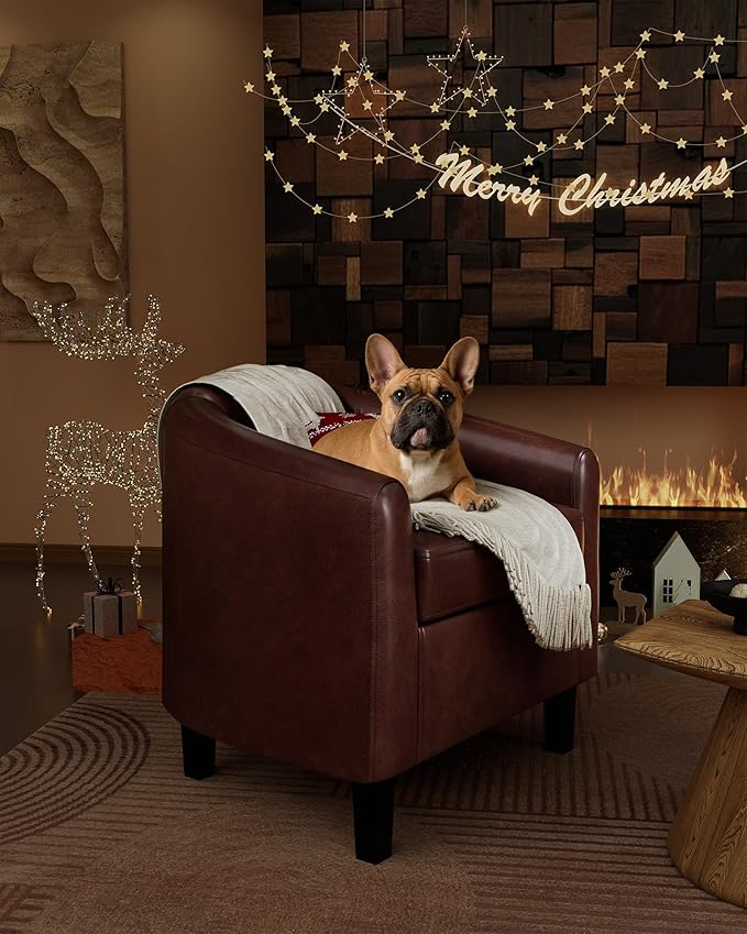 GarveeHome Accent Chairs Faux Leather Barrel Chairs Club Armchairs with Soft Seat for Living Room Bedroom Reading Waiting Room(Brown)
