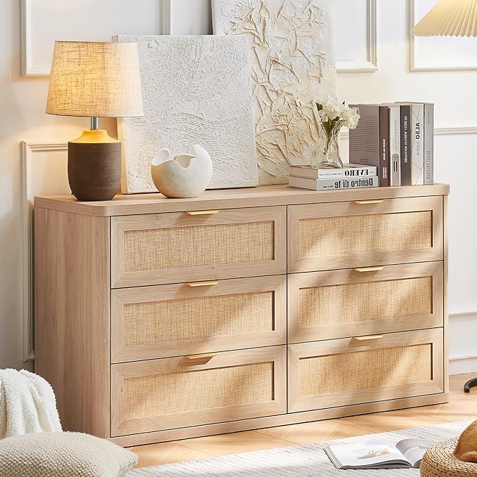 LEYAOYAO Rattan 6 Drawer Dresser for Bedroom Set of 2, Boho 54" Wide Natural Wood Dresser Chest of Drawers, Dressers TV Stand with Metal Handle, Storage Dressers Closet Organizer for Living Room
