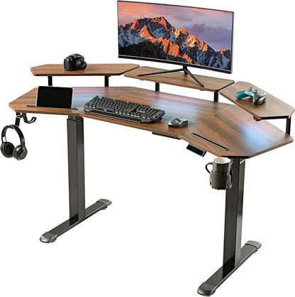 EUREKA ERGONOMIC Standing Gaming Desk with Dual Motor,63" Wing Shaped Computer Desk w Mouse Pad, Electric Adjustable Height Table w LED Monitor Stands,Slot Design,Walnut
