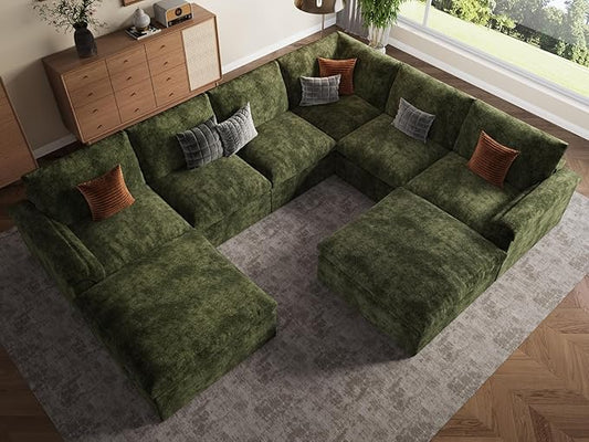 EASE MOOSE Oversized Boneless Sectional Couch-8-Seat, Corner V-Shaped Deep-Seat Modular Cloud Sofa, No-Assembly Chenille Sofa for Living Room, Green