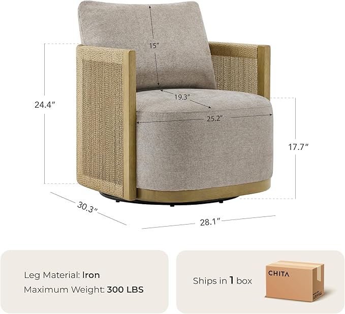 CHITA Braid Swivel Accent Chairs, Modern Comfy FSC Certified Armchair with Paper Cord & Wood Frame for Living Room and Bedroom, Fully Assembled - Linen