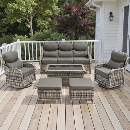 Rilyson Wicker Outdoor Patio Furniture Set - 6 Piece Patio Conversation Sets with Swivel Rocker Chairs, Ottomans, Sofa and Coffee Table, 6 inch Cushions, Deep Seating, for Porch Deck Mixed Grey/Grey