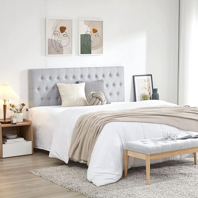 Kingfun Upholstered Tufted Twin Bed Headboard in Modern Button Design, Adjustable Solid Wood Head Board, Premium Linen Fabric Padded Headboards in Bedroom, Grey
