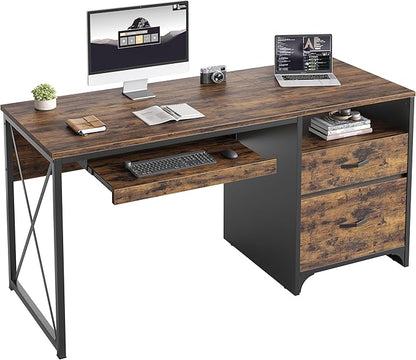 Bestier Office Desk with Drawers, 55 inch Industrial Computer Desk with Storage, Wood Teacher Desk with Keyboard Tray & File Drawer for Home Office, Rustic Brown