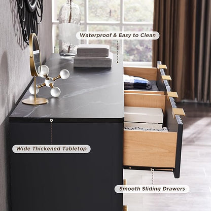 T4TREAM Fluted 6 Drawers Dresser, 54" Wide Modern Chest of Drawers with Faux Marble Top, Curved Profile Design, Dresser TV Stand, Wood Drawer Organizer for Bedroom, Living Room, Hallway, Dark Grey
