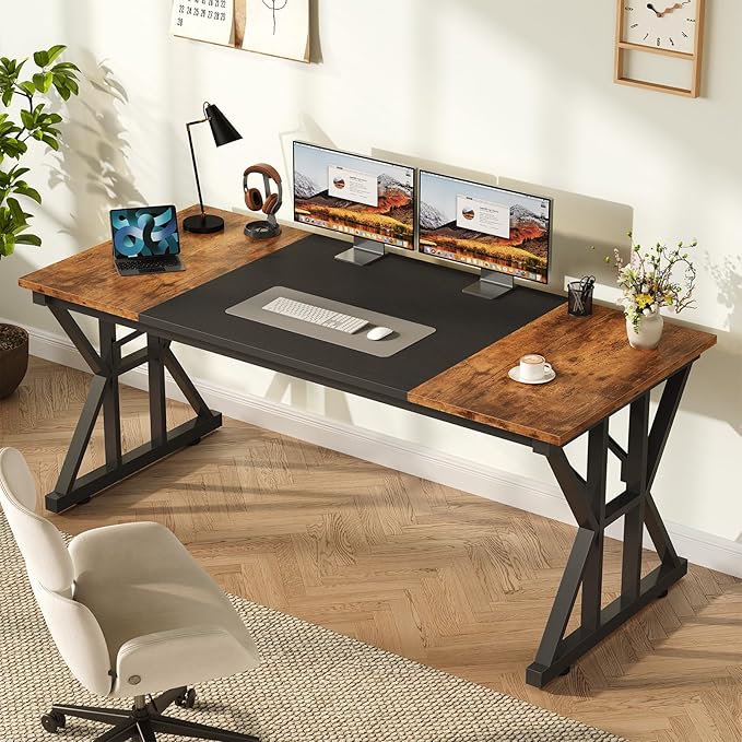 TVU 63-Inch Executive Desk, Large Office Desk with Thicken Frame, Computer Desk Modern Simple Desk for Home Office, Rustic Brown/Black