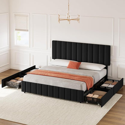 Garvee Queen Size Bed Frame with 4 Storage Drawers, Adjustable Height Headboard, Linen Upholstered Platform Bed Frame, No Box Spring Needed, Easy Assembly, Black