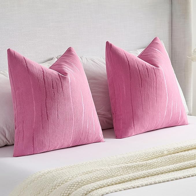 FUTEI Hot Pink Chenille Decorative Throw Pillow Covers 24x24 Inch Set of 2,Soft Embossed Striped Textured European Cushion Case,Modern Home Decor for Couch Bed Living Room
