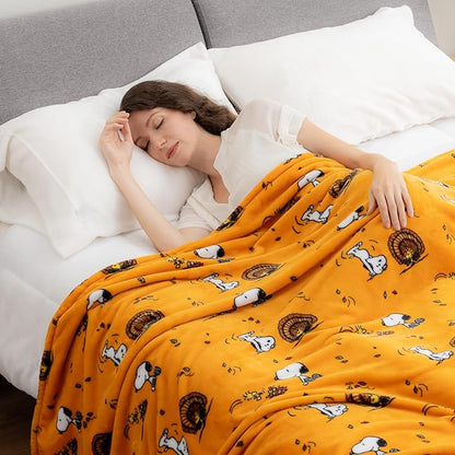 Berkshire Blanket Peanuts® VelvetLoft® Cute Character Snoopy Plush Blanket,Snoopy and Woodstock Fall Birds & Leafs Orange,Full/Queen 90 in x 90 in (Official Peanuts® Product)