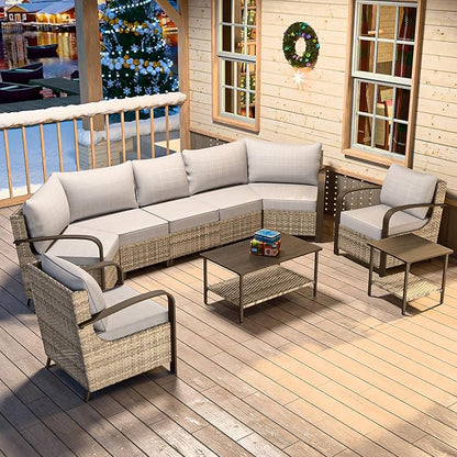 COOS BAY Aurora Terrace Half-Moon Outdoor Furniture Set, Rattan Conversation Set with Patio Chairs, Curved 5-Seat Sofa, Coffee Table & Side Table, Seats 7, Beige/Beige
