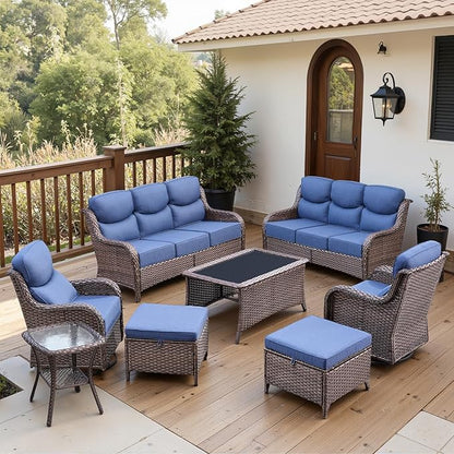 Belord Luxury 6" Thick Cushioned 8 Pieces Patio Furniture Set with Outdoor Couch, Wicker Outdoor Conversation Set with High Back Swivel Rocker Chairs for Deck Porch Yard and Poolside - Brown+Blue