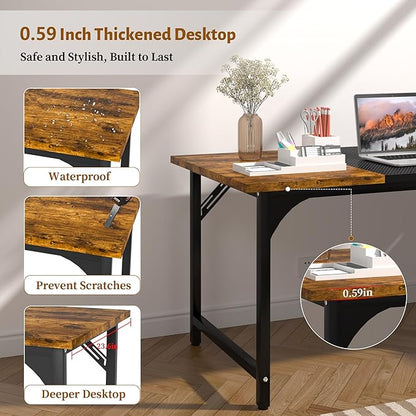55inch Computer Desk with Deeper Carbon Fiber Desktop, Gaming Office Desk with Sturdy Metal Frame,Home Office Desk for Gaming, Working, Studying, Rustic Brown