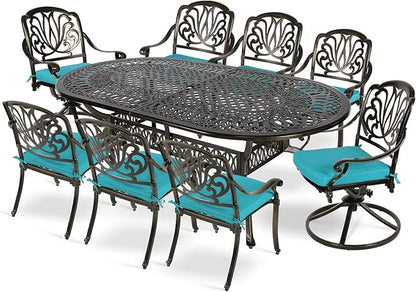 MEETWARM 9-Piece Outdoor Patio Dining Set, All-Weather Cast Aluminum Patio Conversation Set with 2 Swivel Rocker Chairs, 6 Stationary, 1 Oval Table, 8 Cushions, 2" Umbrella Hole, Ocean Blue