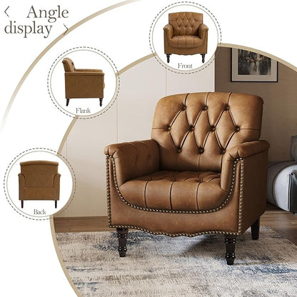 Pia Ricco Faux Leather Armchair Set of 2, Modern Accent Chairs with Nailhead Trim and Solid Wood Legs, Upholstered Comfort for Living Room, Office, Bedroom - Camel