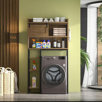 MU Over The Toilet Storage Cabinet with Sliding Door, 32.5" W Free Standing Toilet Shelf Space Saver with 3 Side Hooks & Anti-Tip Design, Space-Saving Toilet Rack for Bathroom, Laundry, Brown