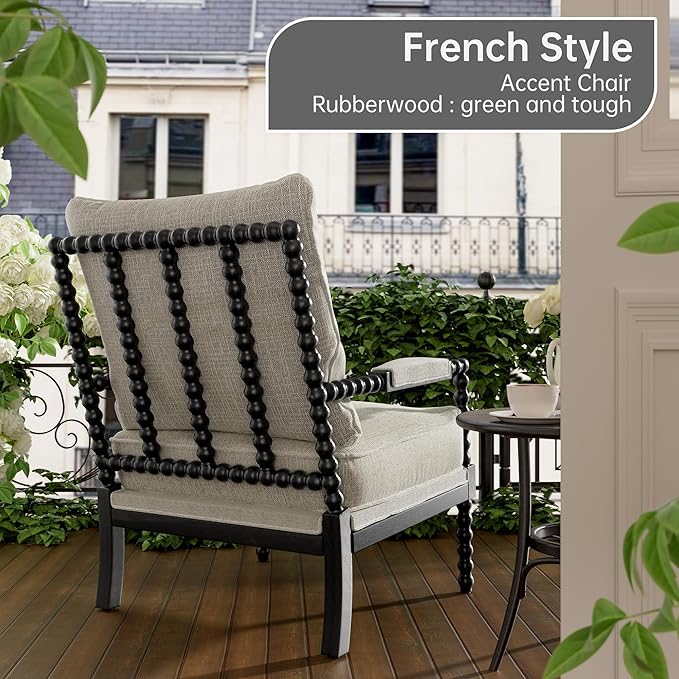 Morden Fort Linen Fabric Spindle Accent Chair with Wood Frame, French Style Accent Chairs with Padded Spring Seat and Armrest Pads, Brushed Base for Living Room Bedroom Farmhouse Office Balcony