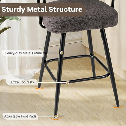 COSTWAY Counter Height Bar Stools Set of 4, 27" Swivel Modern Upholstered Counter Chairs with Boucle Fabric, Curved Backrests & Metal Legs, for Kitchen Island, Home, Pub (4, Grey + Black)