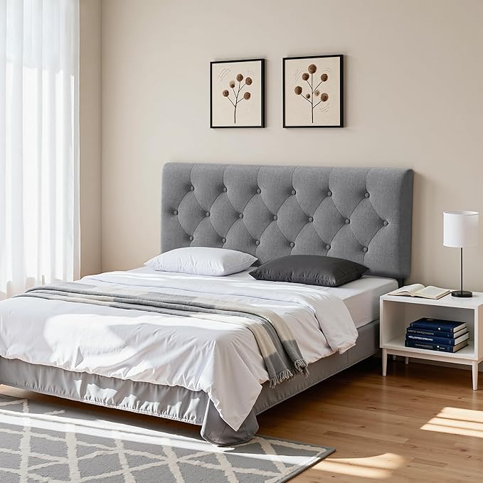 Tufted Upholstered Headboard Queen Size, Solid Wood Head Board with Durable Metal Legs, Linen Fabric Padded Headboard, Adjustable Height from 37” to 51”, Modern Button Design Head Board, Grey
