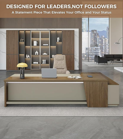 L-Shaped Executive Desk with Lockable Drawers – 79" Modern Large Executive Office Desk with LED, Lateral File Cabinet, Built-In Cable Box, Privacy Panel & Storage Shelves for Home or Business, Left