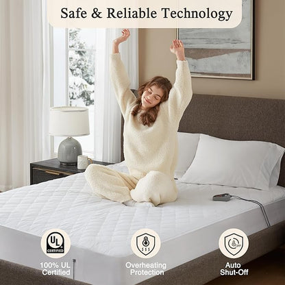 Beautyrest Cotton Heated Mattress Pad - Bed Warmer with 20 Heat Settings Controller, Auto Shut Off Timer, All Around Elastic Deep Pocket, UL Certified, Machine Washable, White King