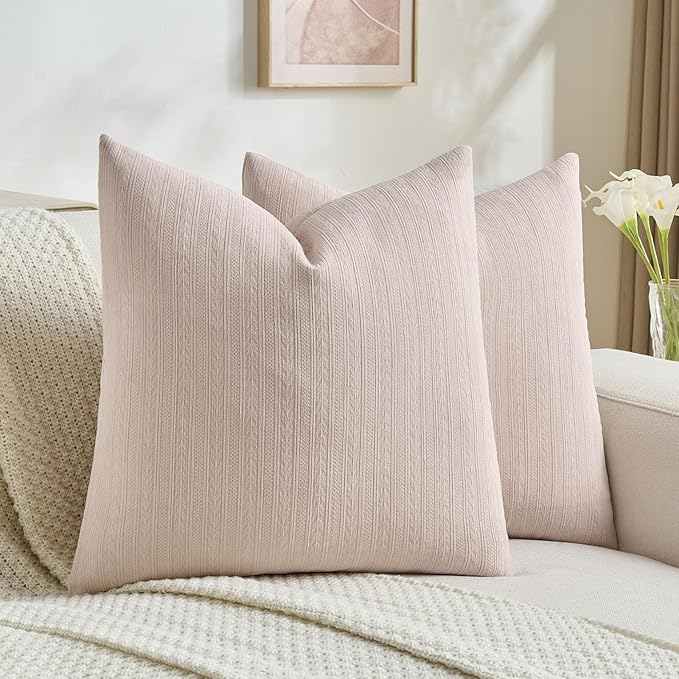 FUTEI Pink Decorative Throw Pillow Covers 24x24 Inch Set of 2,Soft Cozy Wheat Ear Striped Patterns European Cushion Cases,Modern Home Decor for Couch Bed Living Room