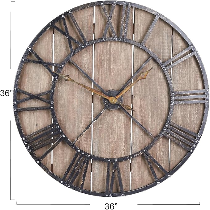 Household Essentials Household Essentials Large Oversized Decorative Rustic Wall Clock, Brown Wood / black Metal