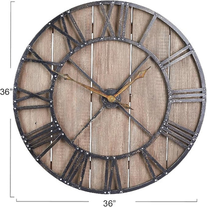 Household Essentials Household Essentials Large Oversized Decorative Rustic Wall Clock, Brown Wood / black Metal