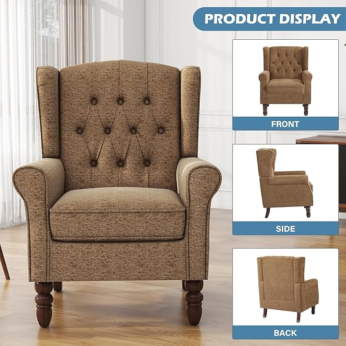 UIXE High Back Accent Chair, Fabric Upholstered Armchair Retro Wingback Arm Chair for Living Room, Comfy Single Sofa Bedroom Retro Reading Seat with Solid Wood Legs - Brown
