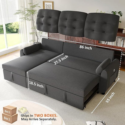 Ucloveria Sleeper Sofa Bed, 86" Convertible Sectional Sofa Couches for Living Room, Pull Out Couch Bed with Reversible Storage Chaise | USB Ports | Side Pockets | Removable Backrest