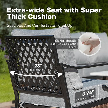 6 Piece Metal Outdoor Patio Furniture Set, Patio Conversation Set with 1 3-Seater & 2 Fixed Sofas, 2 Rocking Sofas, 5.75" Thick Cushion & Coffee Table, Black & Gray Backyard Furniture