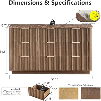 win2win 9 Drawer Dresser, Mid Century Modern Dresser with Storage, 55" Wide Fluted Chest of Drawers with Faux Marble Top, Dressers TV Stand, Drawers Organizer for Bedroom, Living Room, Hallway Walnut