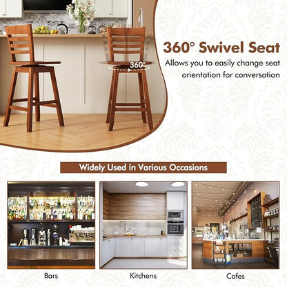 COSTWAY Bar Stools Set of 2, 24.5 Inch Swivel Counter Height Bar Chairs with Hollow Backrest & Contoured Seat, with Footrest for Kitchen Island, Pub, Bistro, Cafe (2, Walnut)