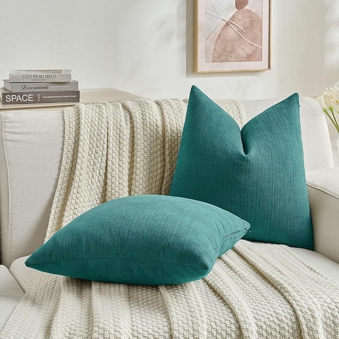 FUTEI Teal Decorative Throw Pillow Covers 26x26 Inch Set of 2,Soft Cozy Wheat Ear Striped Patterns Euro Pillow Shams,Modern Home Decor for Couch Bed Living Room