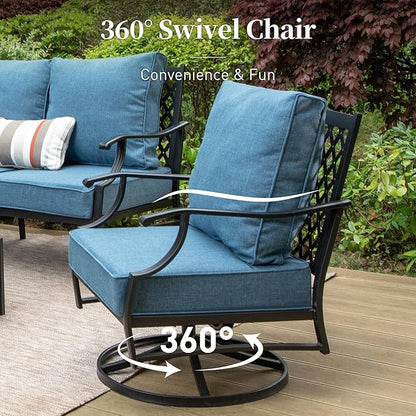 5 Piece Metal Outdoor Patio Furniture Set, Patio Conversation Sets 1 3-seater Sofa, 2 Swivel Chairs, 2 Ottomans with 5.75" Thick Cushion, Black All-weather Backyard Furniture Set, Navy