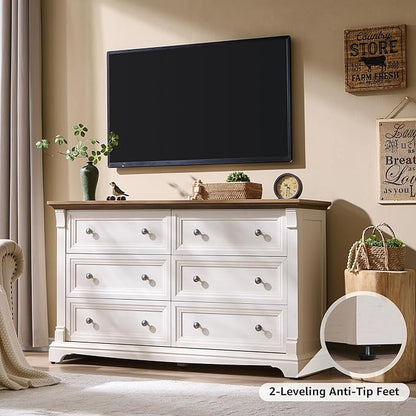 Farmhouse 6 Drawers Dresser for Bedroom, 54" Wide Large Dressers & Chests of Drawers w/Roman Column, Wooden Dresser TV Stand with Large Drawers for Nursery Bedroom Living Room Hallway, Antique White