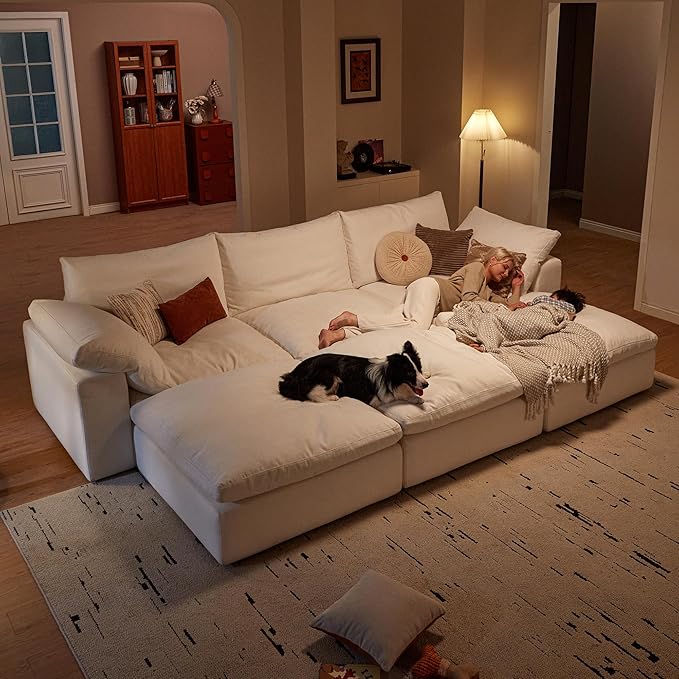 Modular Cloud Sofa, 110.2" Cloud Sectional Couches with Deep Seat, L-Shape 3-Seat Couch with Ottoman for Living Room, Modern Comfy Couch with Washable Cover, Wide Armrest (White,1 Ottoman)