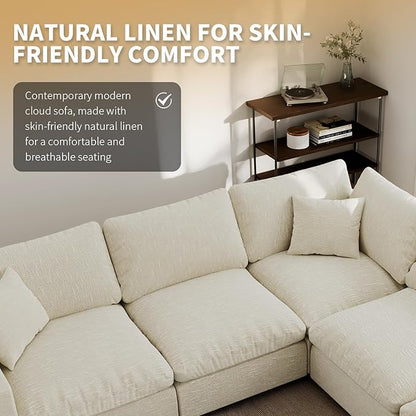 Modern Sectional Linen Couch for Living Room,4 Seat Modular Cloud Sofas,Detachable Couch Cushion Covers,Cozy Feather Down Sofa for Apartment Beige