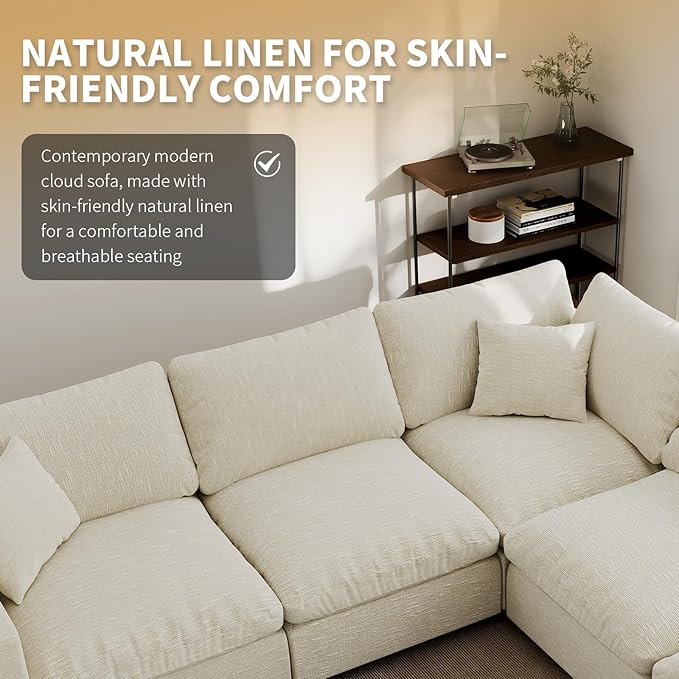 Cloud Couches Linen Sleeper Sofa Bed,Modern Sectional Sofa Couch for Living Room,Cushion Covers Removable,Cozy Feather Down Sofa for Apartment Beige