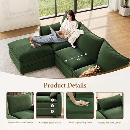Vesgantti 142" Oversized Sectional Sofa Bed, 8-Seater Modular Sleeper Cloud Couch with Movable Ottoman, Chenille Convertible Sofa Set Deep Seat Couches for Living Room, Bedroom and Apartment, Green
