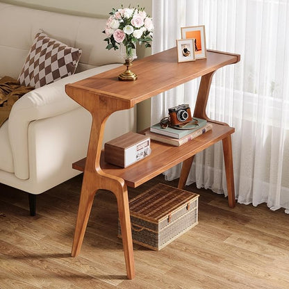 Tribesigns Narrow Side Table, 2-Tier Solid Wood End Table with Storage, Modern Tall Couch Side Table for Living Room, Slim Bedside Table for Bedroom, Small Spaces, Cherry