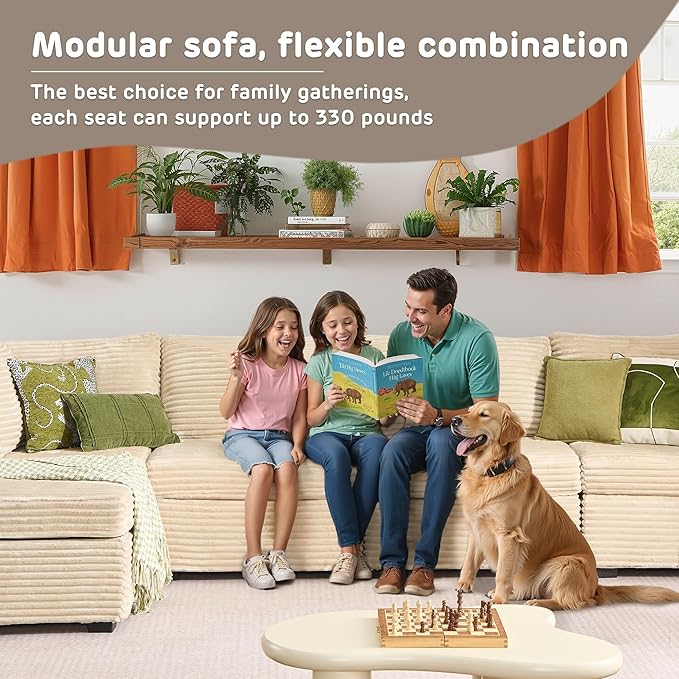 130'' Modern Modular Sectional Sofa with Ottoman, 7 Pieces L Shaped Cloud Couch for Living Room, Oversized Deep Seat Convertible Sofa Set, Plush Corduroy Beige