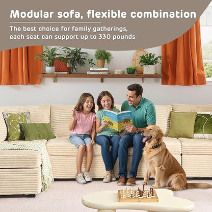 130'' Modern Modular Sectional Sofa with Ottoman, 7 Pieces L Shaped Cloud Couch for Living Room, Oversized Deep Seat Convertible Sofa Set, Plush Corduroy Beige
