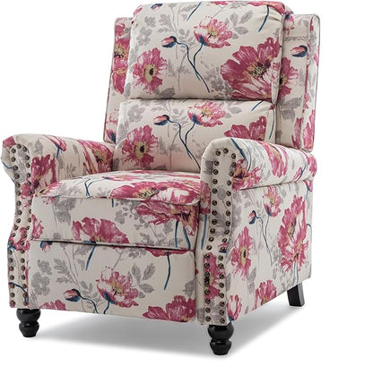 Pushback Recliner Chair, Upholstered Armchair Wingback Recliner Chair, Floral Fabric Push Back Recliner with Wood Legs, Rivet Trim Single Sofa Accent Chair for Living Room, Bedroom, Pattern White