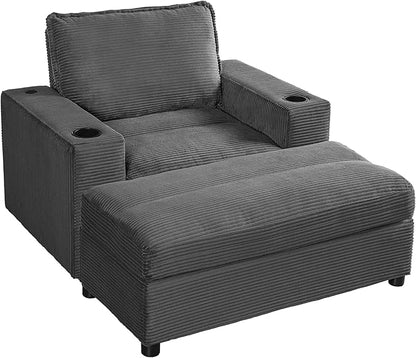 Christopher Knight Home Zoe Oversized Chaise Lounge Chair Indoor with Cup Holders & USB Charging Port, Corduroy Upholstered Sofa Bed + Ottoman with Storage, Comfy Deep Seat Sleeper Sofa Chair, Grey