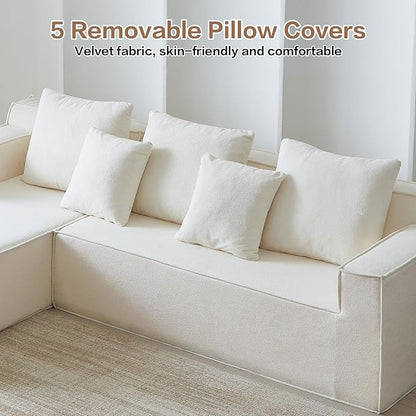 Boneless Couch Sectional, Comfy Memory Foam Sofa in a Box, Modern Cloud Couch with 5 Headrests, Comfy L-Shape Sofa for Living Room (White, Velvet)