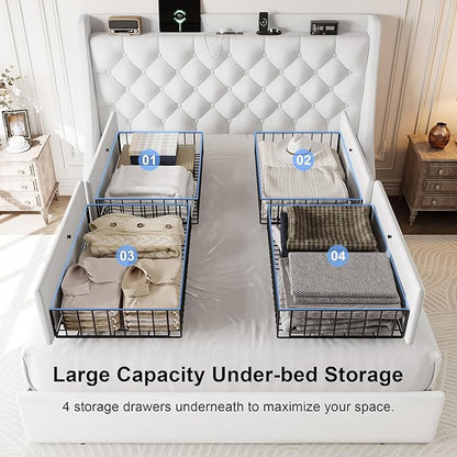 Full Size Upholstered Platform Bed Frame with 4 Storage Drawers and Charging Station, Linen Button Tufted Wingback Headboard, Sturdy Wooden Support Slats, No Box Spring Needed, White