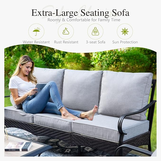 Sophia & William Patio Furniture Set, 4 Piece Metal Outdoor Conversation Set with 3-Seater Outdoor Couch, 2 Swivel Chairs, 1 Coffee Table for Outdoor Seating, Backyard, Porch(Grey)