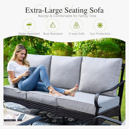 Sophia & William Patio Furniture Set, 4 Piece Metal Outdoor Conversation Set with 3-Seater Outdoor Couch, 2 Sofa Chairs, 1 Coffee Table for Outdoor Seating, Backyard, Porch(Grey)