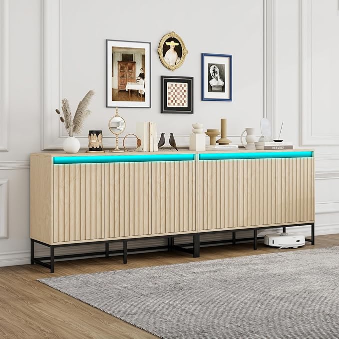 Fluted Sideboard Buffet Cabinet with Storage, 47" Wood Storage Cabinet with Doors and Adjustable Shelves LED Light, Modern Credenza for Kitchen, Dining Room, Living Room, Entryway, Oak