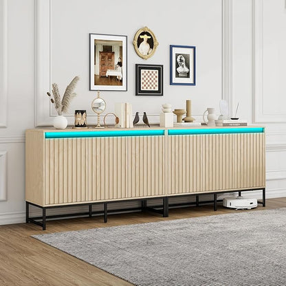 Fluted Sideboard Buffet Cabinet with Storage, 47" Wood Storage Cabinet with Doors and Adjustable Shelves LED Light, Modern Credenza for Kitchen, Dining Room, Living Room, Entryway, Oak